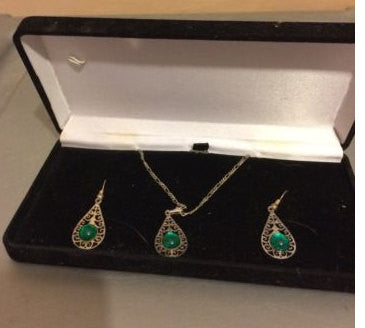 Sterling Silver filigeree Necklace and Earring Set with green stones