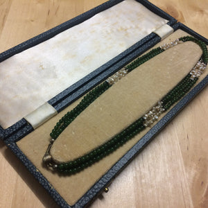 Victorian three strand seed blister pearl and jade choker