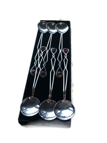 Six Silver Spoons Set with Amber