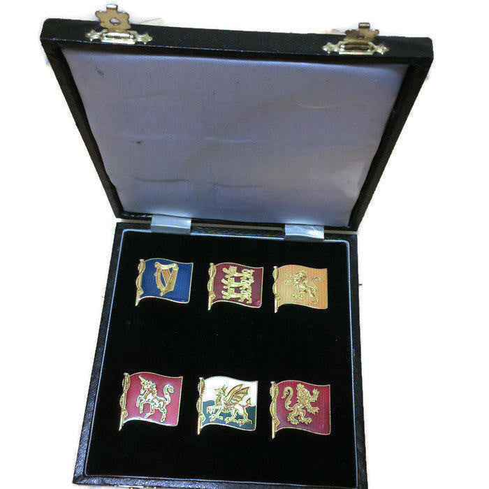 Set of 6 Guilt Enamel Flag Set 'Flags of Great Britain'.